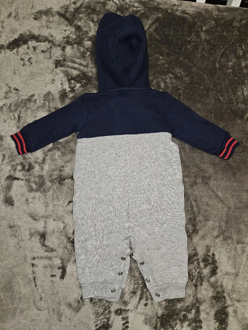Ralph Lauren Baby Navy Gray Hoodie One-Piece Romper Snap Button 3 Months Preppy